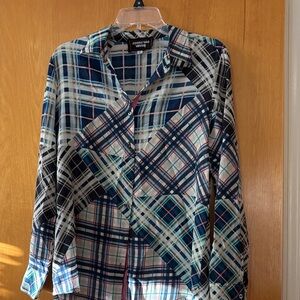 Johnny Was Blue and White Plaid Button Down Shirt